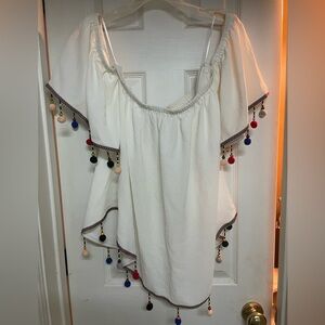 CC Boutique White Blouse with Colorful Pom Poms